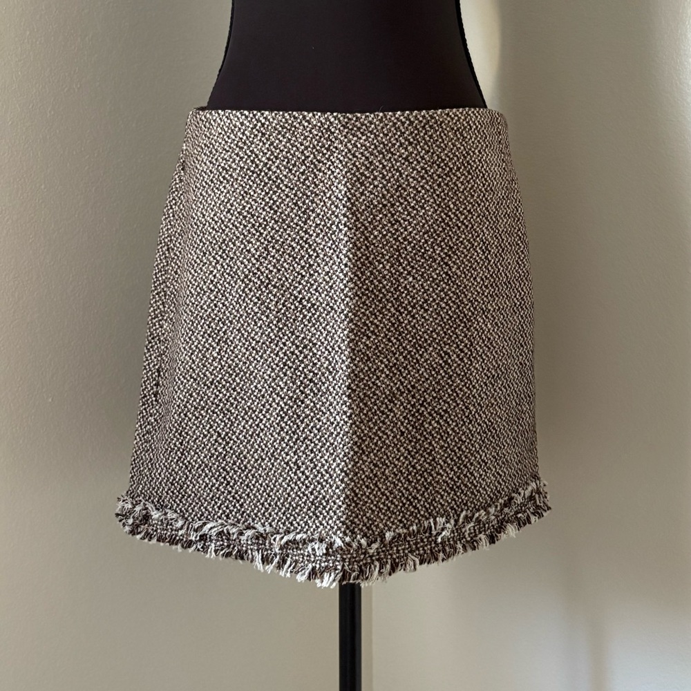 NWT Brown and White Tweed Mini Skirt with Frayed Hem- Size Medium
